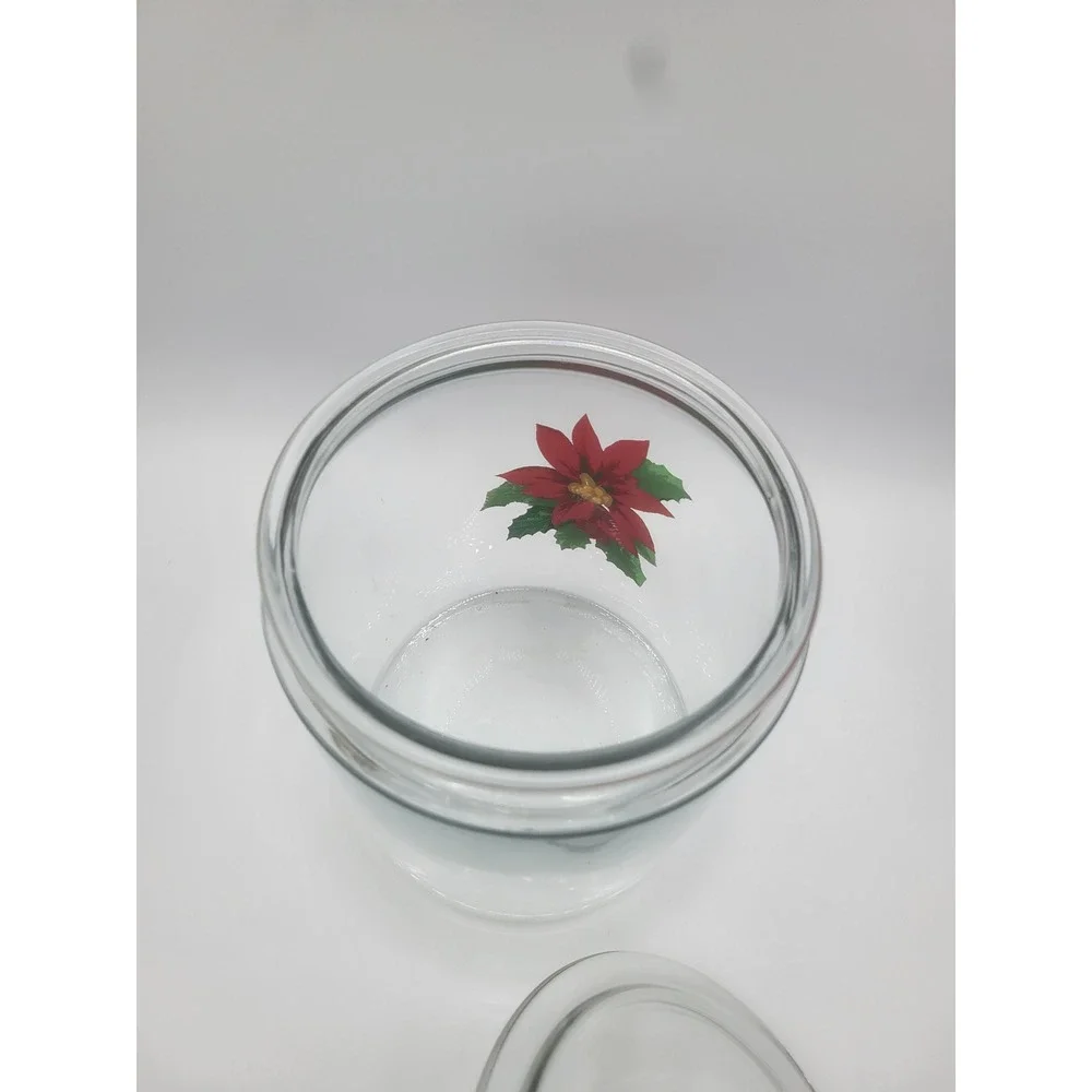 Clear Glass Christmas Poinsettia Canister Jar with Lid Holiday Storage 7in